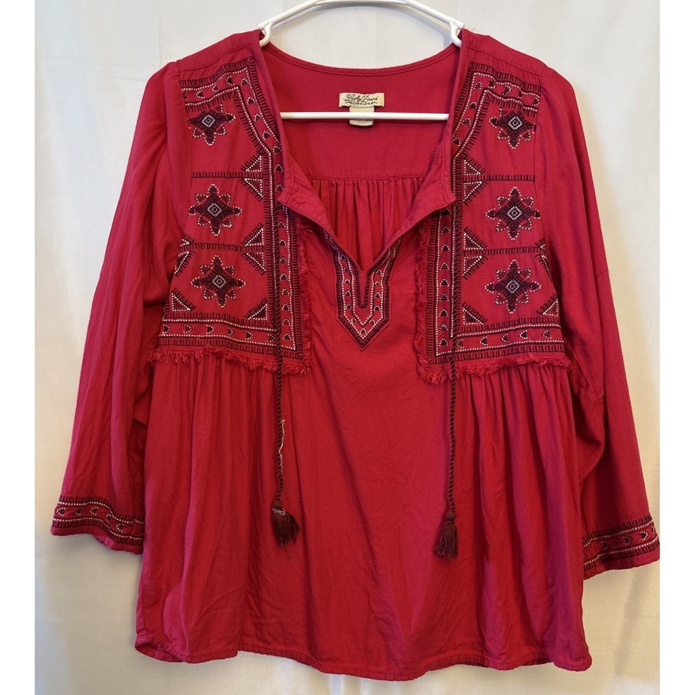 Lucky Brand Top Womens S Hot Pink‎ Boho Embroidery Tassels Hippie Flowy